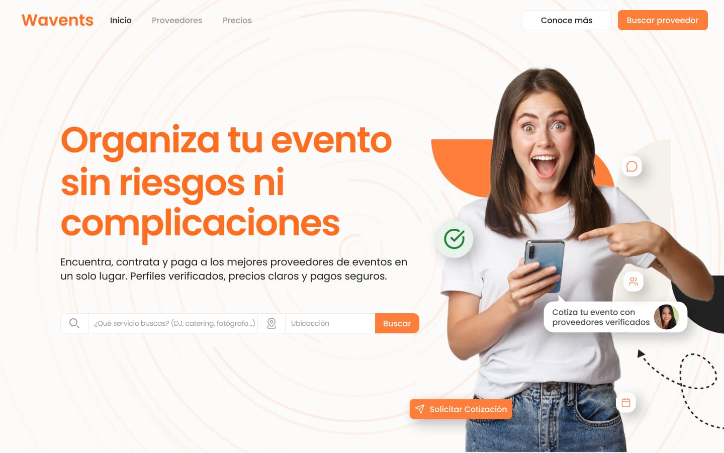 Vista del proyecto Wavents — Marketplace de proveedores de eventos