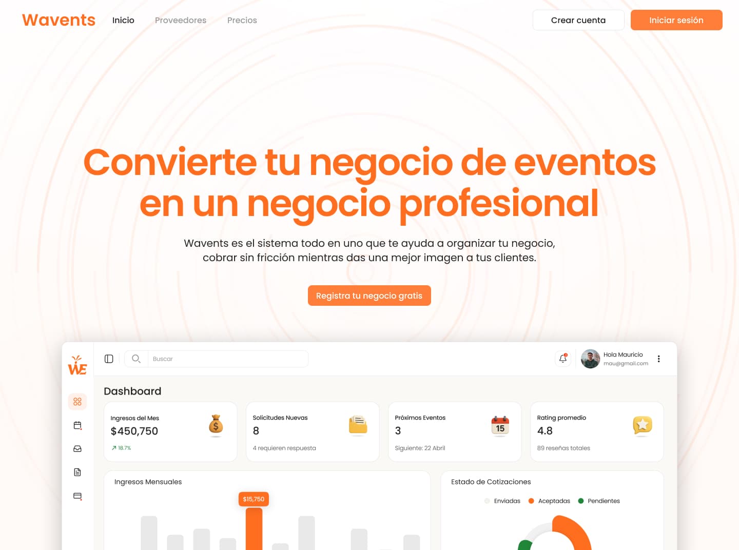 Vista del proyecto Wavents para Proveedores